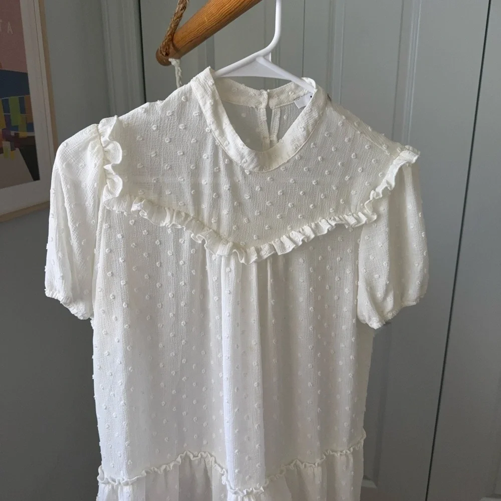 Anthropologie Cream Swiss Dot Ruffle Yoke Blouse